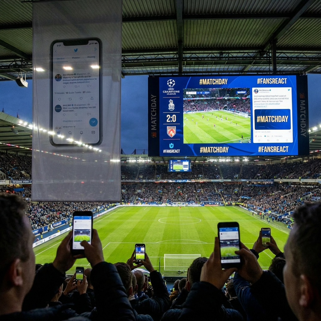 Spectators record a Champions League game with score 2:0 and hashtags #MATCHDAY and #FANSREACT.